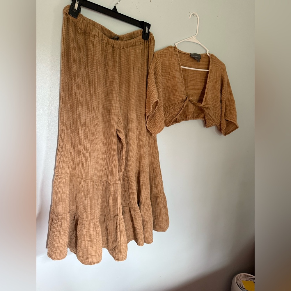 Anthropologie Brown Wide Leg Pants & Top Set